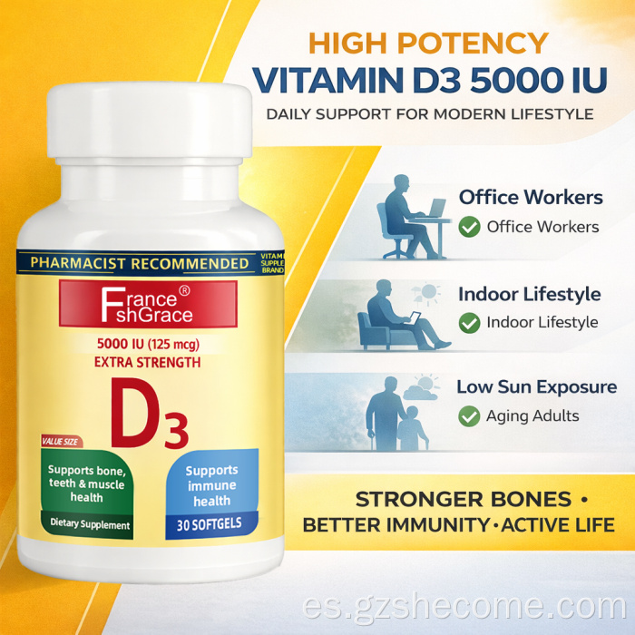 Shecome Vitamina D3 Cápsulas blandas Salud muscular inmune ósea